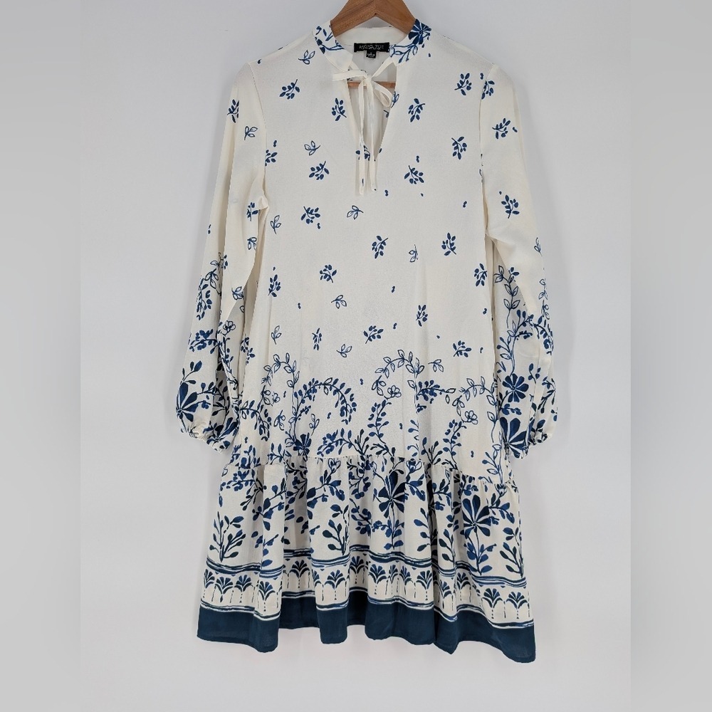 Rachel Zoe Blue White Floral Tie Neck Long Sleeve Tiered Mini Dress Small - Picture 3 of 11